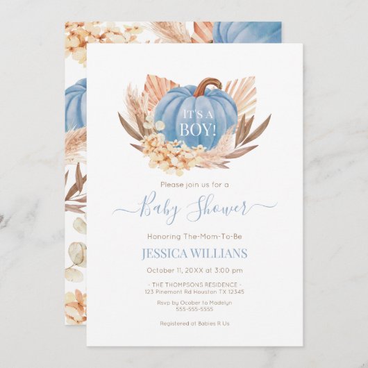 Boho Pampas Pumpkin blue baby shower Kaart (Voorkant / Achterkant)