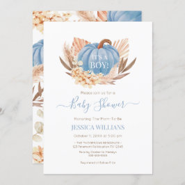 Boho Pampas Pumpkin blue baby shower Kaart