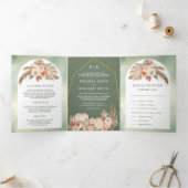 Boho Pampas Pumpkin Floral Sage Green Fall Wedding Drieluik Uitnodiging (Binnen)