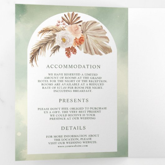 Boho Pampas Pumpkin Floral Sage Green Fall Wedding Drieluik Uitnodiging (Binnenzijde eerst)