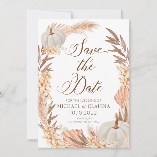 Boho Pampas Pumpkin White Fall Save the Date Kaart (Voorkant)