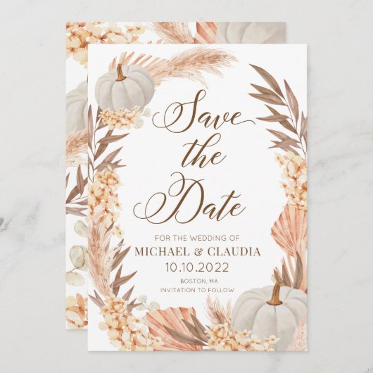 Boho Pampas Pumpkin White Fall Save the Date Kaart (Voorkant / Achterkant)