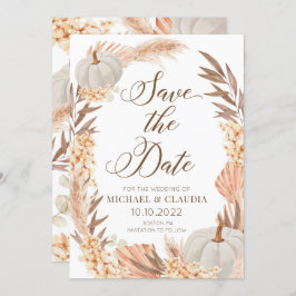 Boho Pampas Pumpkin White Fall Save the Date Kaart