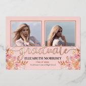 Boho Pampas Roos 3 Foto Afstuderen Afstuderen Roze Folie Uitnodiging (Voorkant)