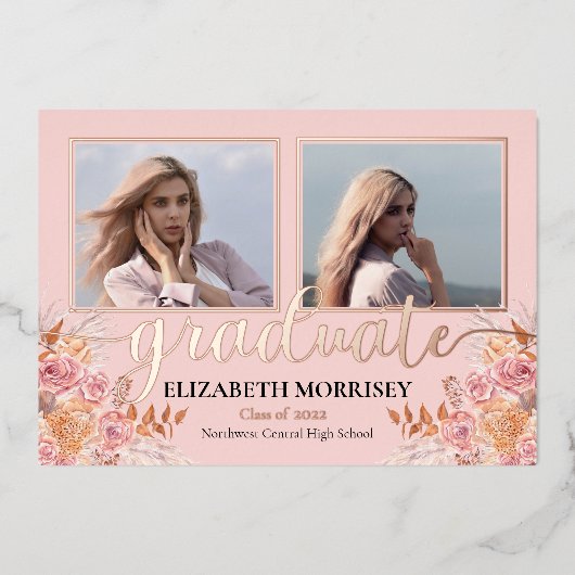 Boho Pampas Roos 3 Foto Afstuderen Afstuderen Roze Folie Uitnodiging (Voorkant)