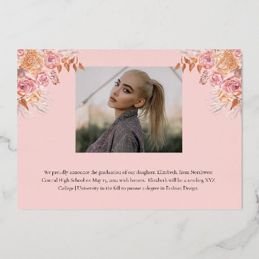 Boho Pampas Roos 3 Foto Afstuderen Afstuderen Roze Folie Uitnodiging (Achterkant)