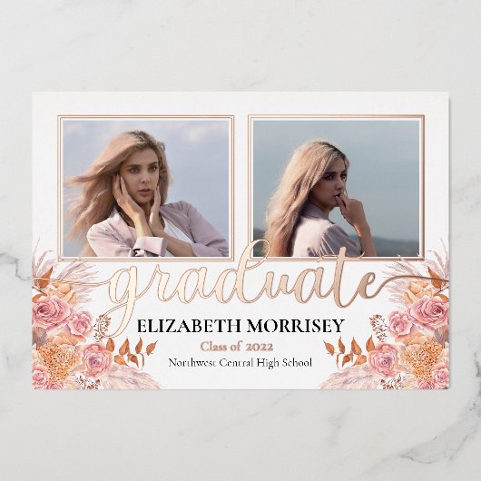 Boho Pampas Roos 3 Foto Afstuderen Afstuderen Whit Folie Uitnodiging (Voorkant)