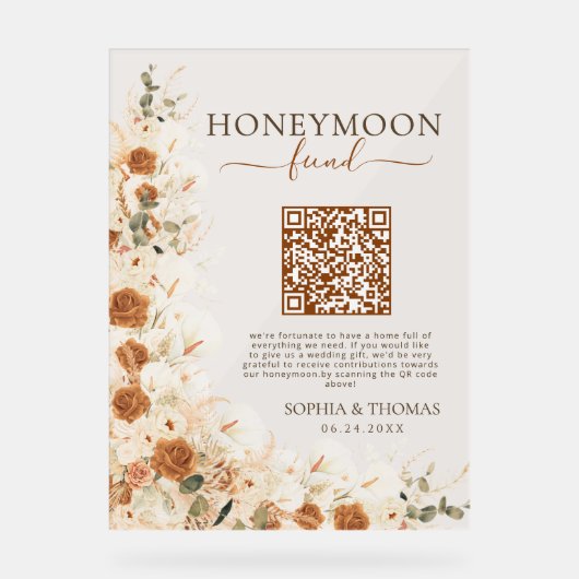 Boho Pampas Roos Waterverf Honeymoon Fund Wedding Acryl Bord (Voorkant)