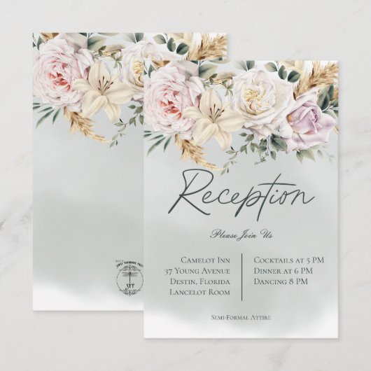 Boho Pampas & Roses Green Reception Kaart (Voorkant / Achterkant)