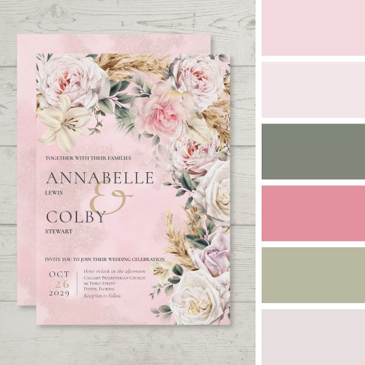 Boho Pampas & Roses Wedding Invitation Kaart