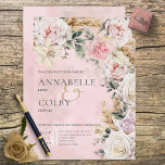 Boho Pampas & Roses Wedding Invitation Kaart<br><div class="desc">Dit ontwerp is voorzien van wazige roze en witte rozen en een geelbruin parelgras halve lijst op een zachte, wazige roze waterverf en subtiele glitterachtergrond. Deze kaart maakt deel uit van het Collectie van de Boho Pampas & Roses Wedding Suite, dat is gecreëerd door de Pampas & Pampas Pamp Roses...</div>