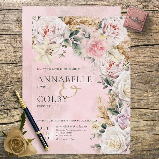 Boho Pampas & Roses Wedding Invitation Kaart