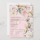 Boho Pampas & Roses Wedding Invitation Kaart (Voorkant)