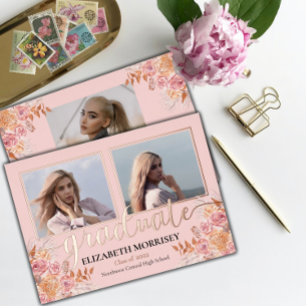 Boho Pampas Roze 3 Foto Geslaagd Afstuderen Roze Folie Uitnodiging