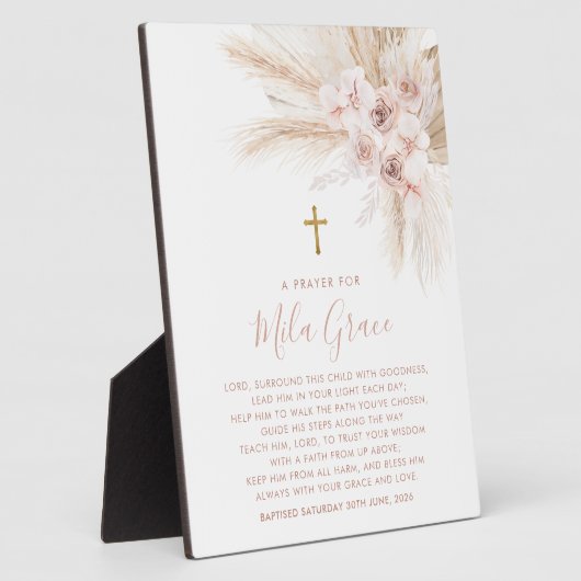 Boho Pampas Roze Meisje Bloemen Doop Gebedsbord Fotoplaat (Zijkant)