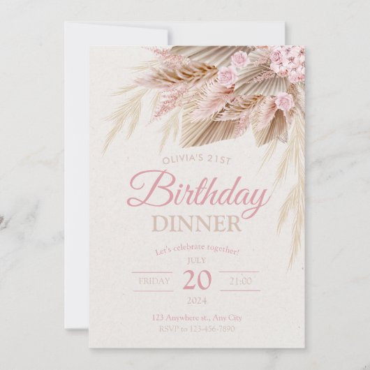 Boho pampas roze moderne chique verjaardag meisje kaart (Voorkant)