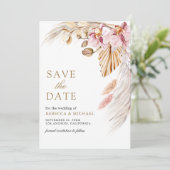 Boho Pampas Roze Orchidee Bloem Foto Bruiloft Save The Date (Staand voorkant)