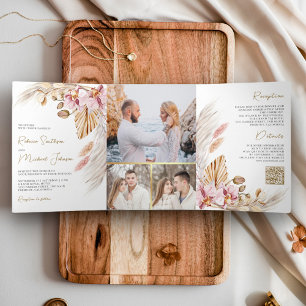 Boho Pampas Roze Orchidee Bloem QR Code Trouwen Drieluik Uitnodiging