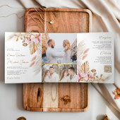 Boho Pampas Roze Orchidee Bloemen QR Code Bruiloft Drieluik Uitnodiging