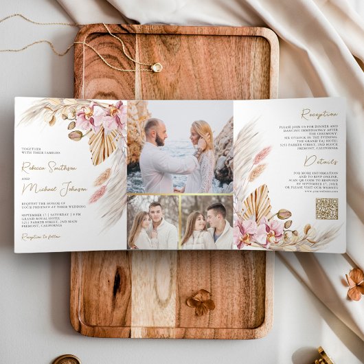 Boho Pampas Roze Orchidee Bloemen QR Code Bruiloft Drieluik Uitnodiging