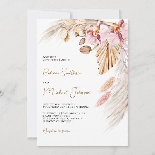 Boho Pampas Roze Orchidee Bloemen QR Code Bruiloft Kaart (Voorkant)