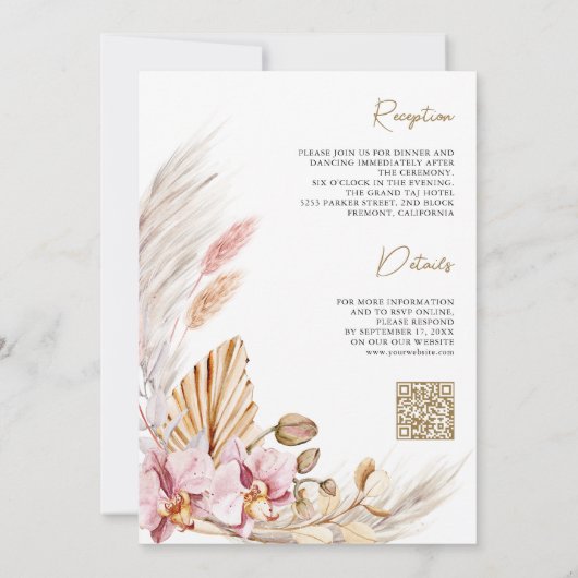 Boho Pampas Roze Orchidee Bloemen QR Code Bruiloft Kaart (Achterkant)