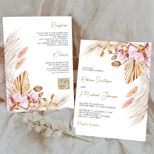 Boho Pampas Roze Orchidee Bloemen QR Code Bruiloft Kaart
