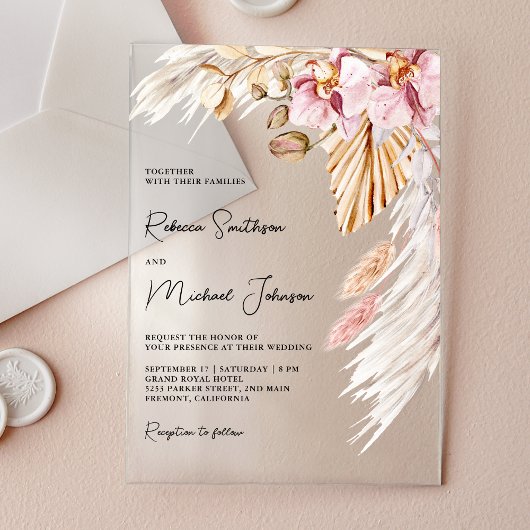 Boho Pampas Roze Orchidee Bloemige Bruiloft Acryl Uitnodigingen