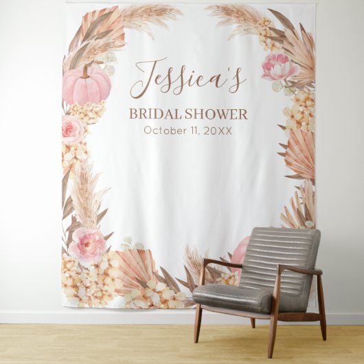 Boho Pampas Roze Pompoen Bruiloft Bruidsfeest bani Wandkleed (In situ)
