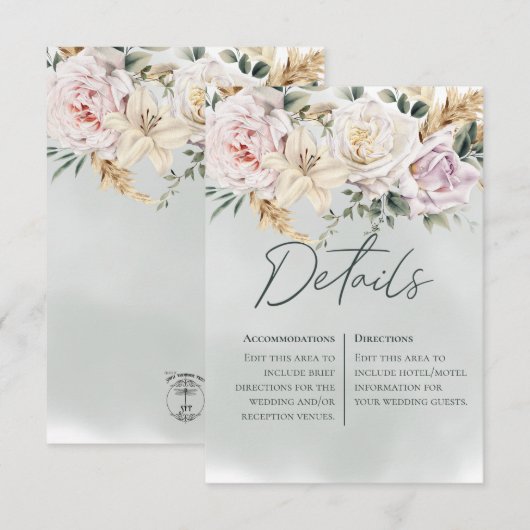 Boho Pampas & Roze Roses Green Details Kaart (Voorkant / Achterkant)