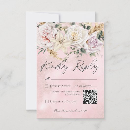 Boho Pampas & Roze Rozen Bruiloft QR Code RSVP Kaartje (Voorkant)
