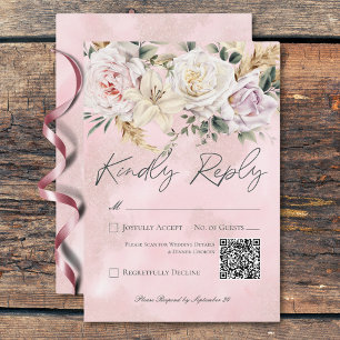Boho Pampas & Roze Rozen Bruiloft QR Code RSVP Kaartje