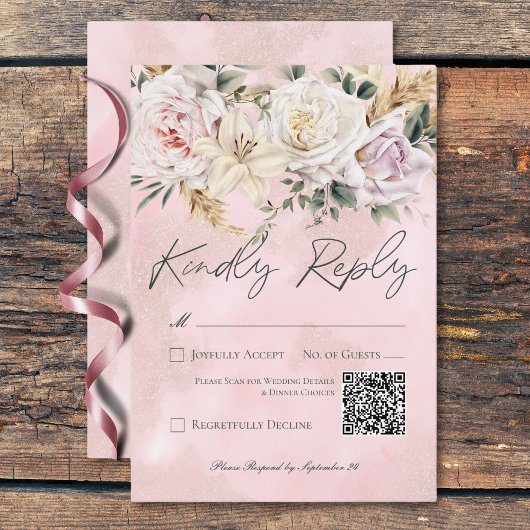 Boho Pampas & Roze Rozen Bruiloft QR Code RSVP Kaartje