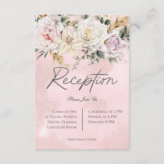 Boho pampas & roze rozen bruiloft receptie informatiekaartje (Voorkant)