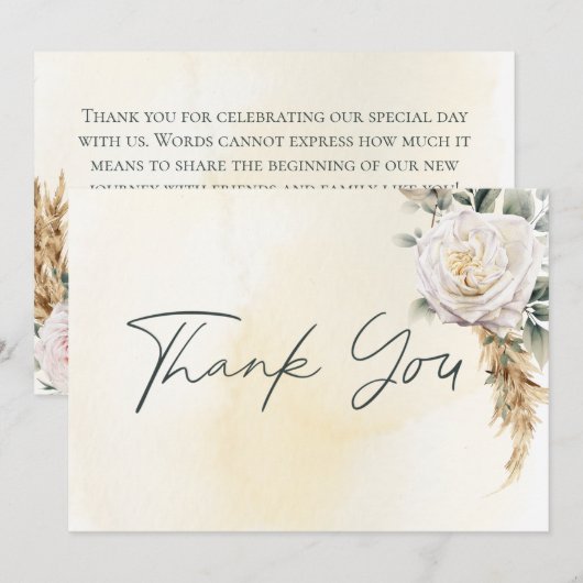 Boho pampas & roze rozen crème bruiloft bedankkaart (Voorkant / Achterkant)