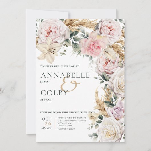 Boho pampas & roze rozen crème bruiloft kaart (Voorkant)