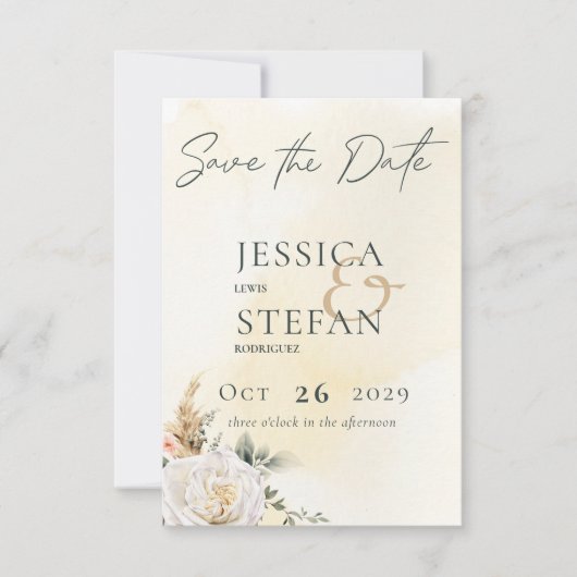 Boho pampas & roze rozen crème bruiloft save the date (Voorkant)