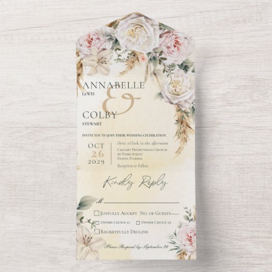 Boho Pampas & Roze Rozen Gele Eettafel All In One Uitnodiging (Binnen)