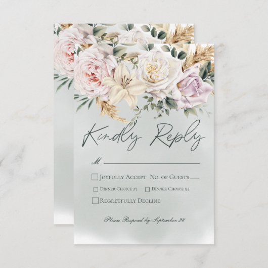 Boho Pampas & Roze Rozen Groene bruiloft RSVP Kaartje (Voorkant / Achterkant)