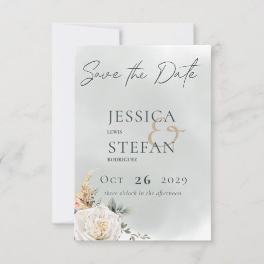 Boho Pampas & Roze Rozen Groene bruiloft Save The Date (Voorkant)