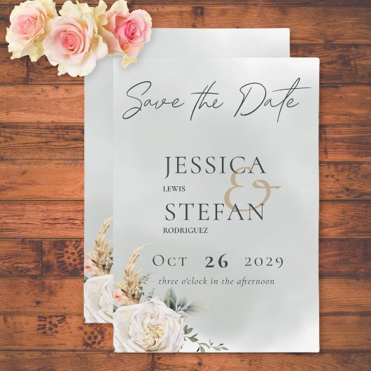 Boho Pampas & Roze Rozen Groene bruiloft Save The Date