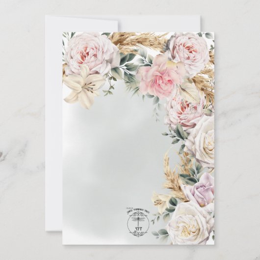 Boho Pampas & Roze Rozen Groene Trouwdag  Kaart (Achterkant)