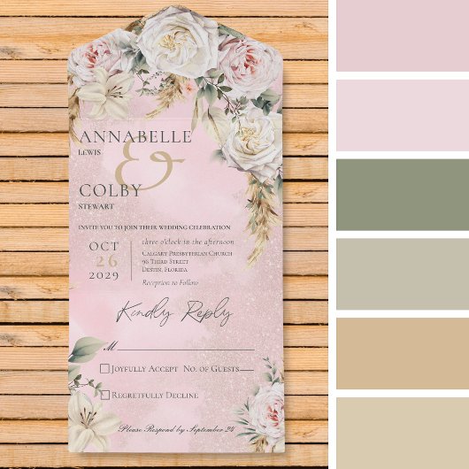 Boho pampas & roze rozen roze geen diner all in one uitnodiging