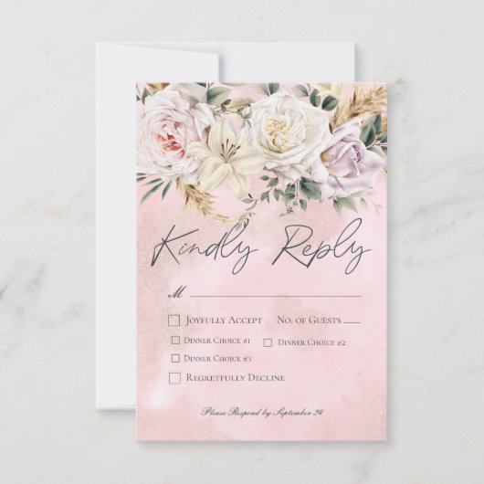 Boho Pampas & Roze Rozen Trouwdiner RSVP Kaartje (Voorkant)