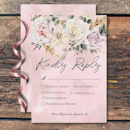 Boho Pampas & Roze Rozen Trouwdiner RSVP Kaartje
