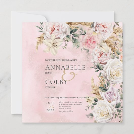 Boho Pampas & Roze Rozen Vierkante bruiloft Kaart (Voorkant)