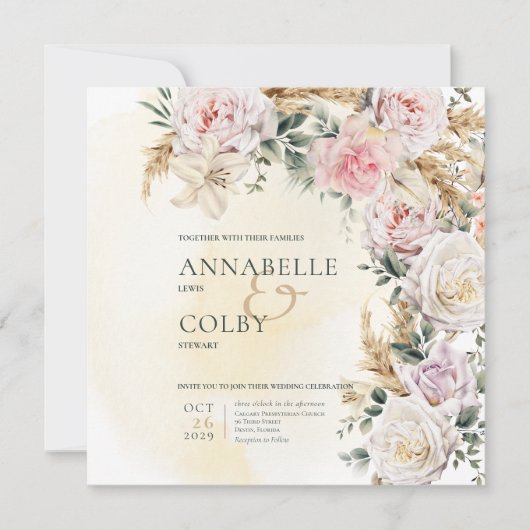 Boho pampas & roze rozen vierkante crème bruiloft kaart (Voorkant)