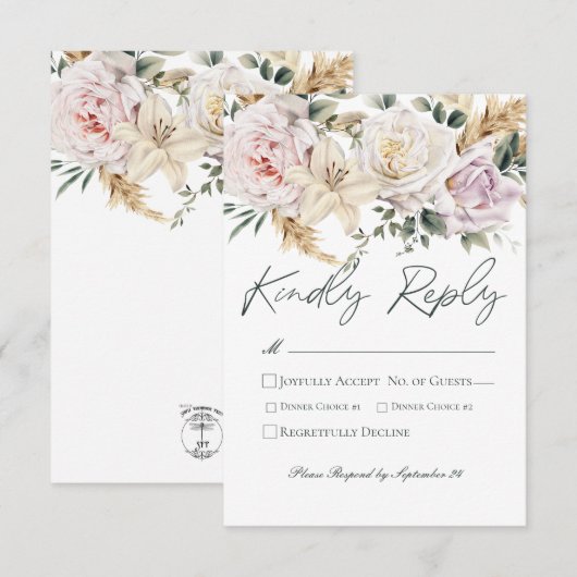 Boho pampas & roze rozen wit bruiloft RSVP kaartje (Voorkant / Achterkant)