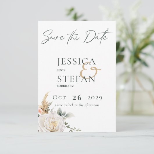 Boho pampas & roze rozen wit bruiloft save the date (Staand voorkant)