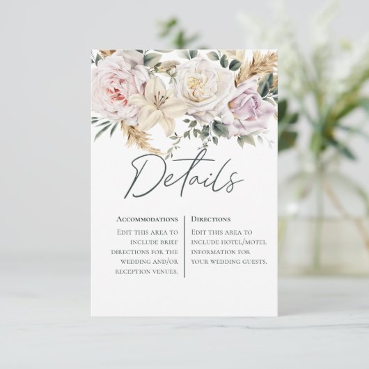 Boho Pampas & Roze Rozen Wit Details Bruiloft Informatiekaartje (Staand voorkant)